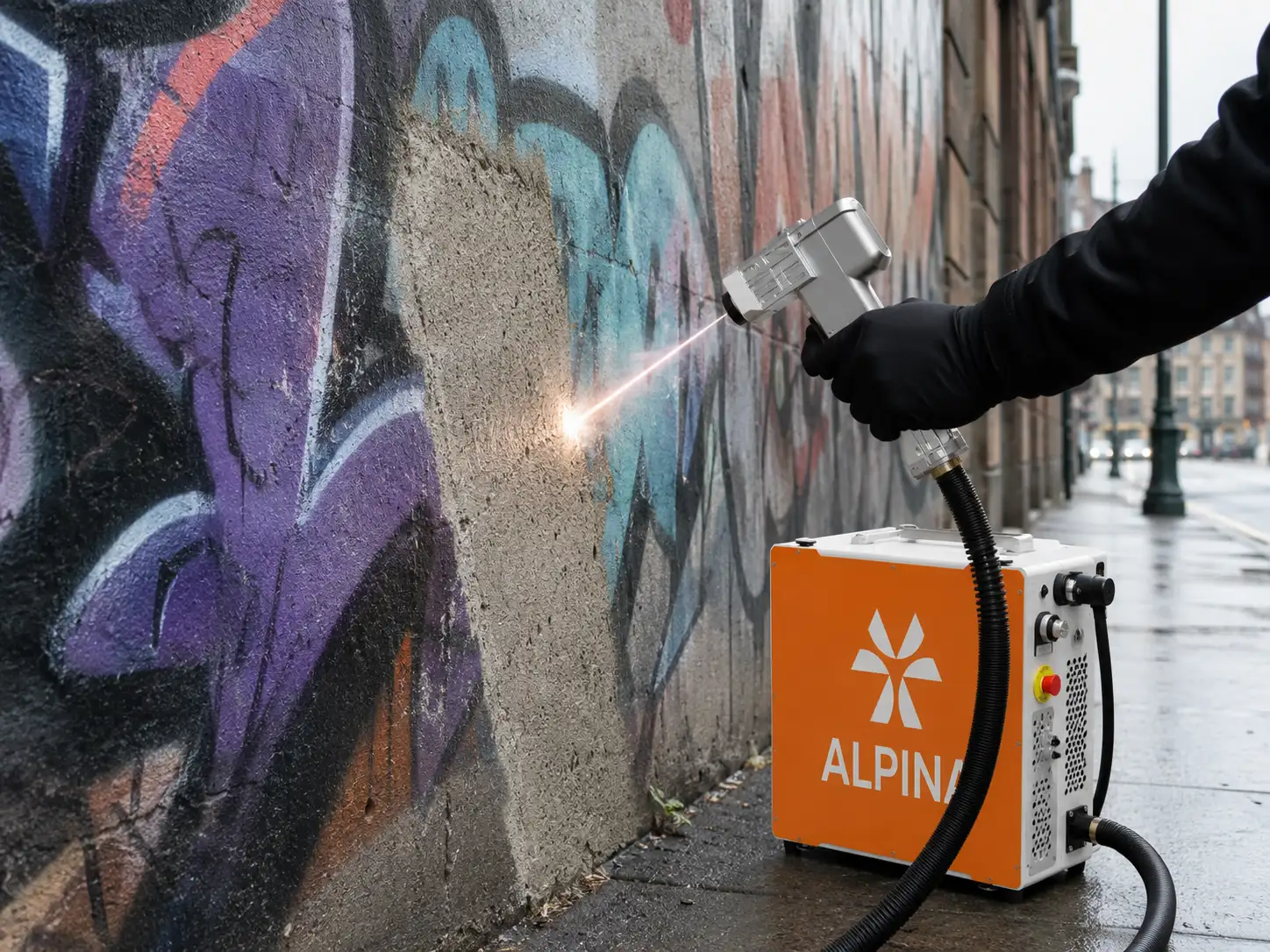 Nettoyage de graffitis par laser sur surface urbaine - Alpina Laser