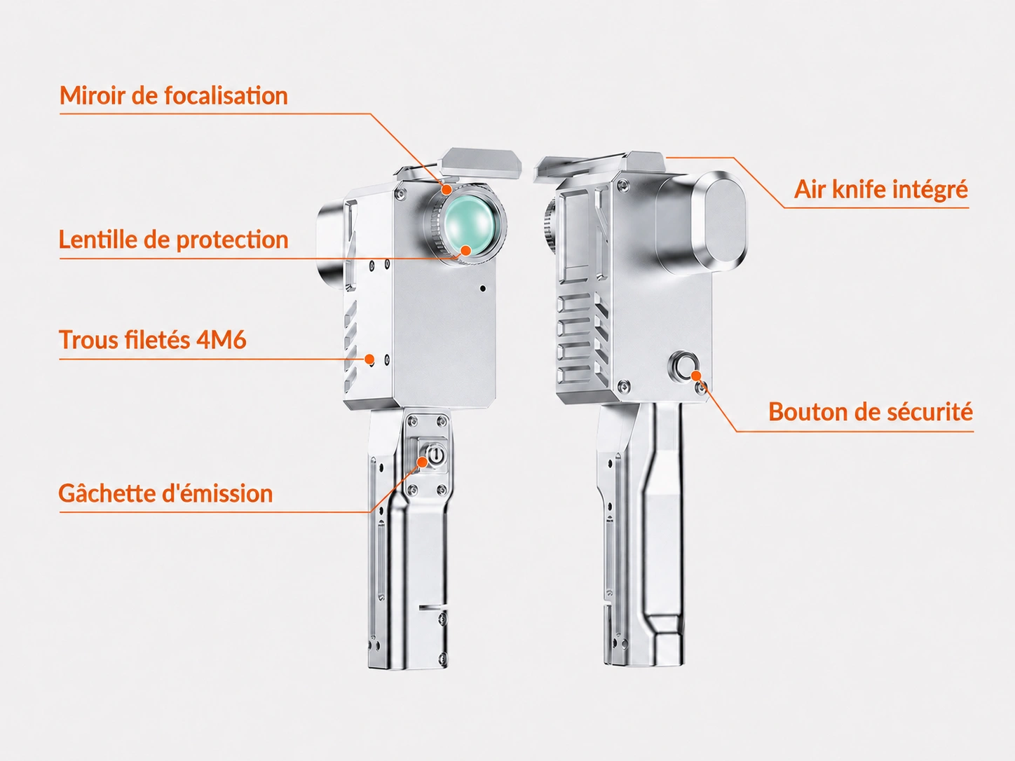 Tête de nettoyage laser 500W Alpina Laser : miroir de focalisation, lentille de protection, trous filetés 4M6, gâchette d'émission, air knife et bouton de sécurité