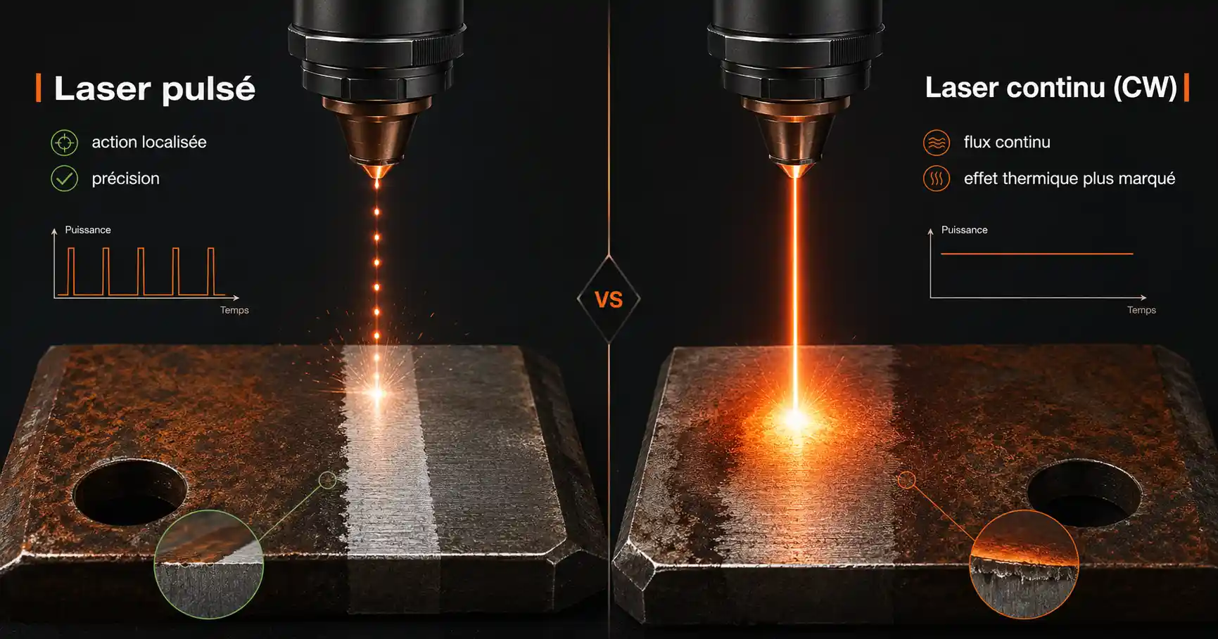 Comparaison entre un faisceau laser pulsé et un faisceau laser continu pour le nettoyage de surface
