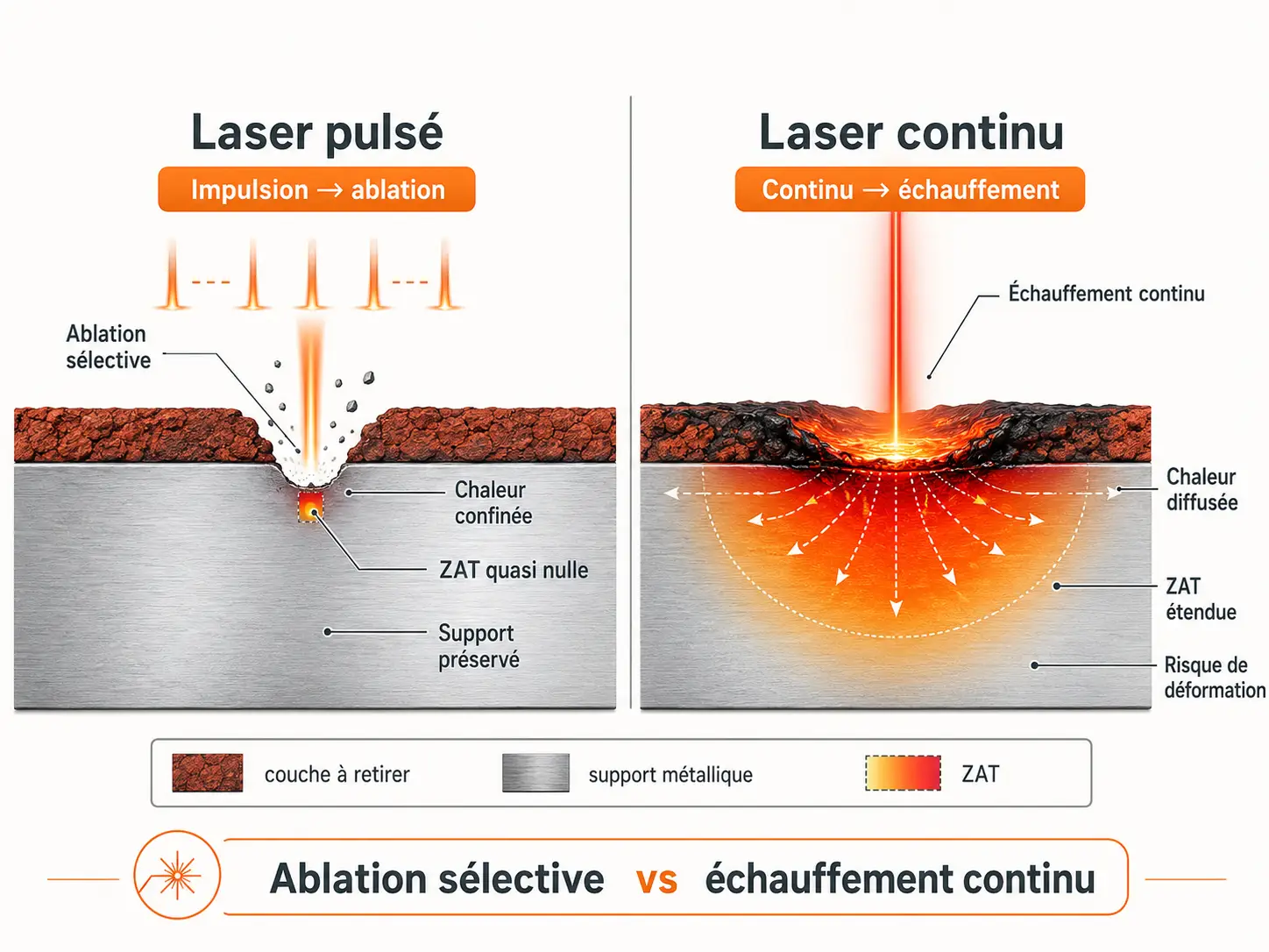 Zone affectée thermiquement d'un laser continu comparée à celle, quasi nulle, d'un laser pulsé