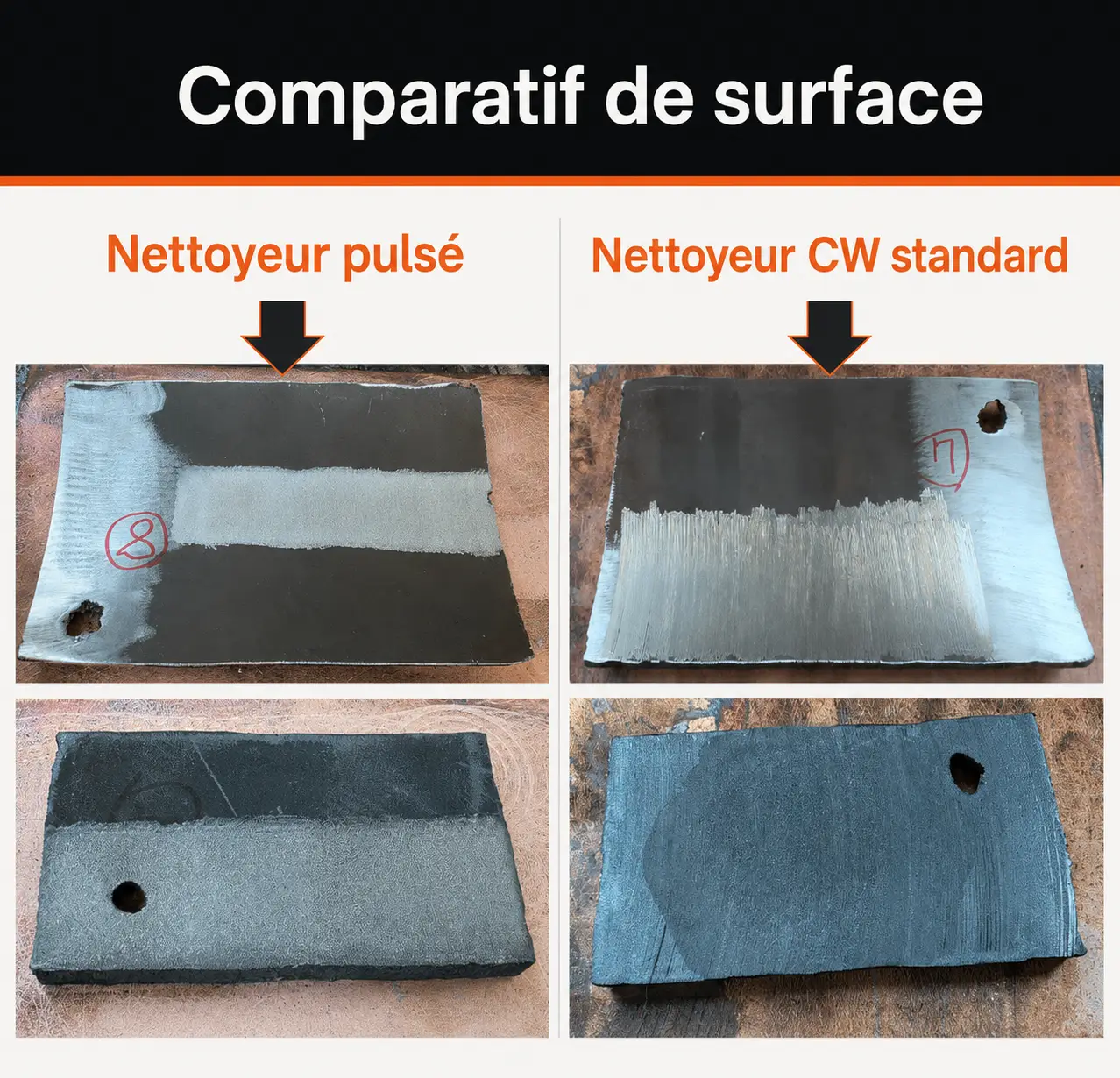 Comparatif de surface : nettoyage laser pulsé sans altération du métal vs laser continu CW qui marque la surface