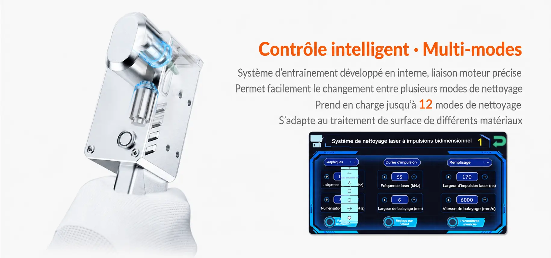 Contrôle intelligent de la tête laser pulsée avec jusqu’à 12 modes de nettoyage réglables à l’écran