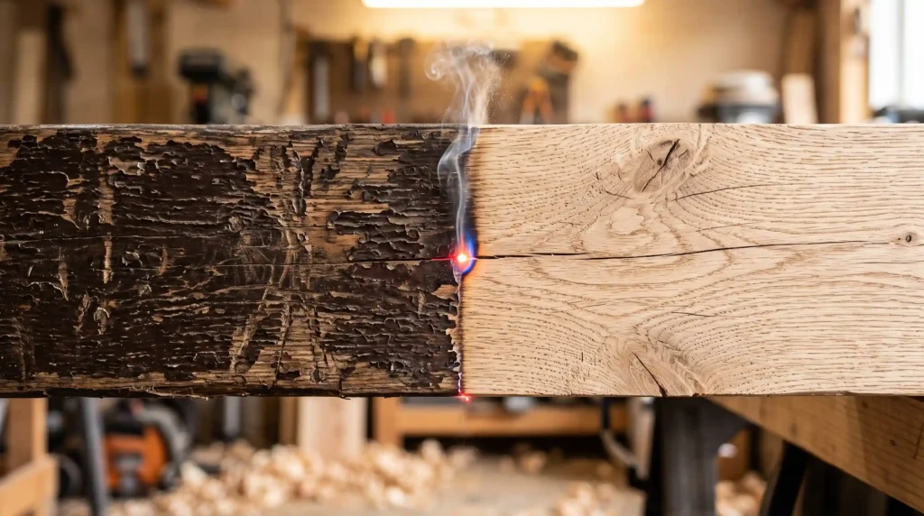 Avant / après un décapage laser sur une boiserie en chêne : la peinture est retirée et le grain du bois d'origine réapparaît intact