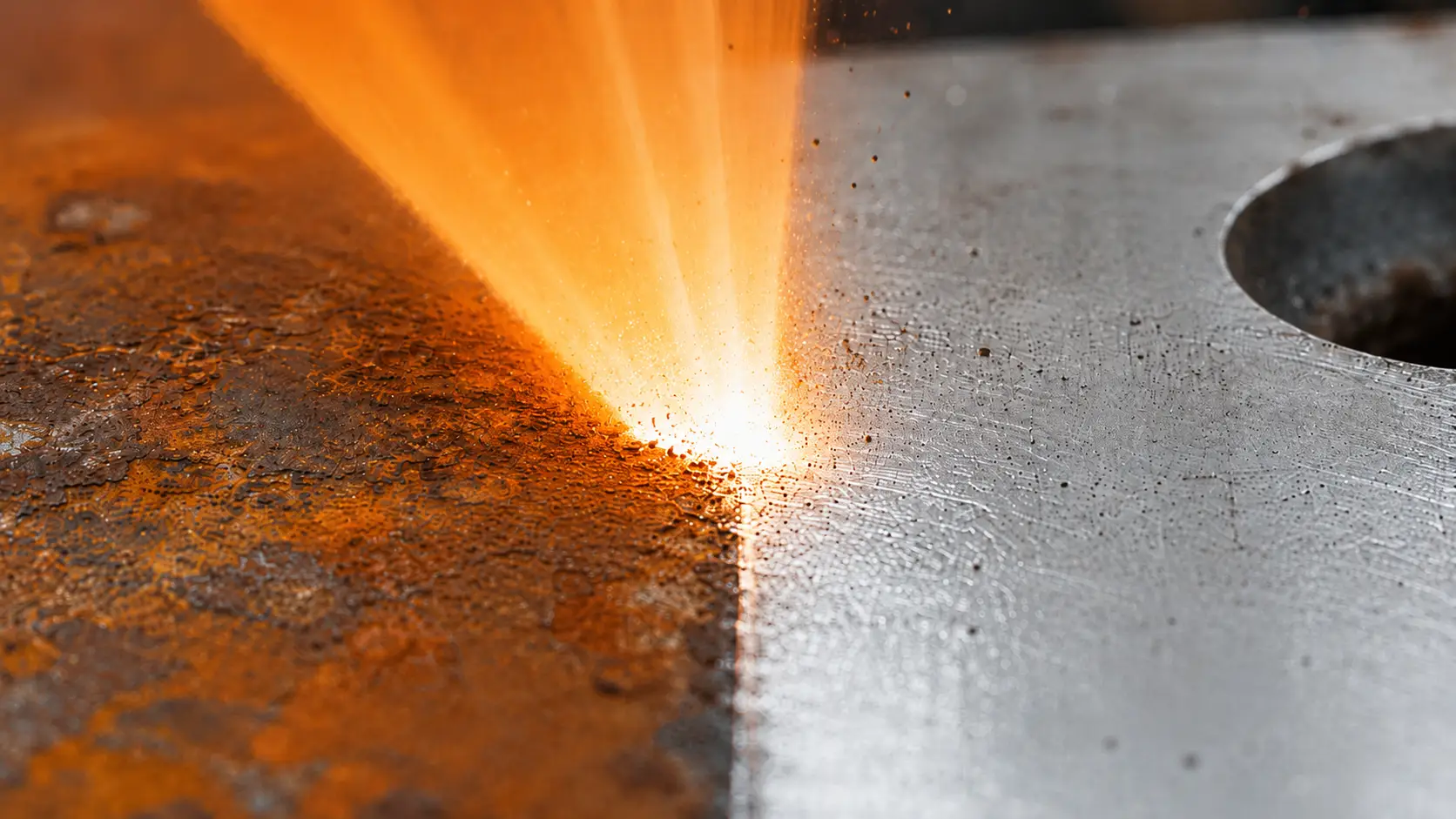 Décapage laser de la rouille sur une pièce en acier : zone traitée nette à côté de la zone corrodée