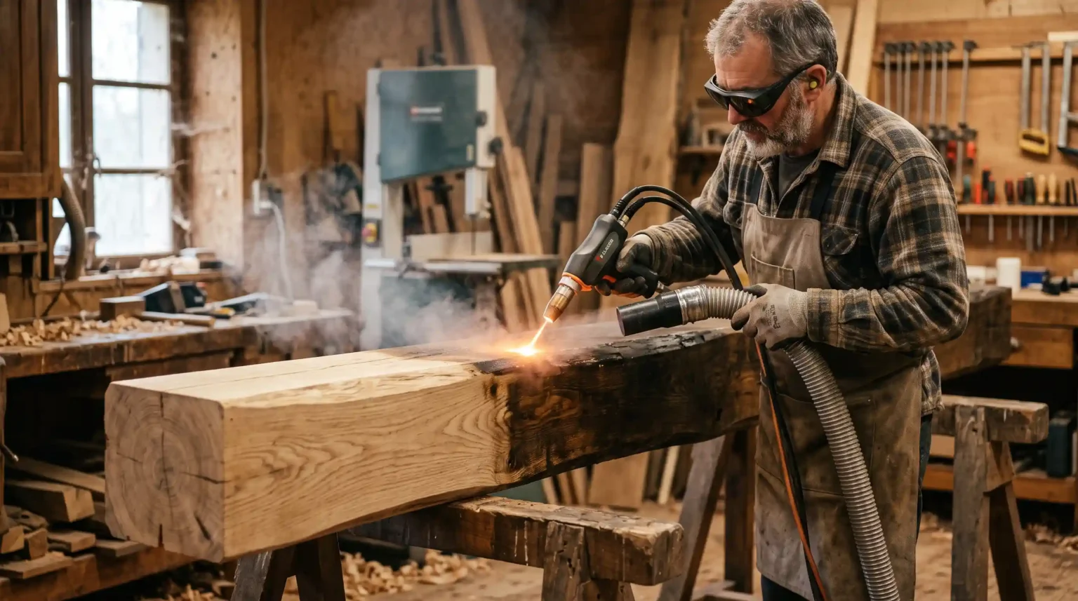 Décapage laser bois : un faisceau laser pulsé retire un ancien vernis d'un meuble en bois en atelier, sans abrasif ni produit chimique