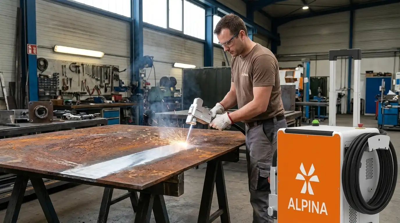 Décapeur laser pulsé 500 W en format valise utilisé sur une grande surface métallique corrodée