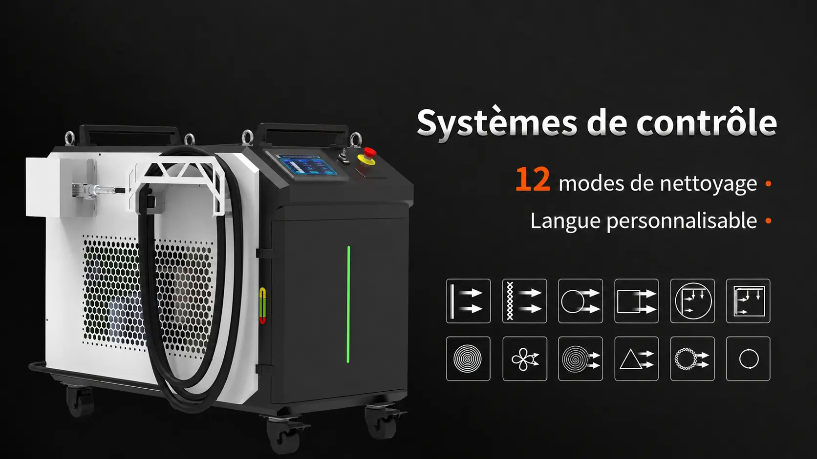 Système de contrôle du décapeur laser pulsé 1000W à écran tactile, 12 modes de nettoyage et langue personnalisable