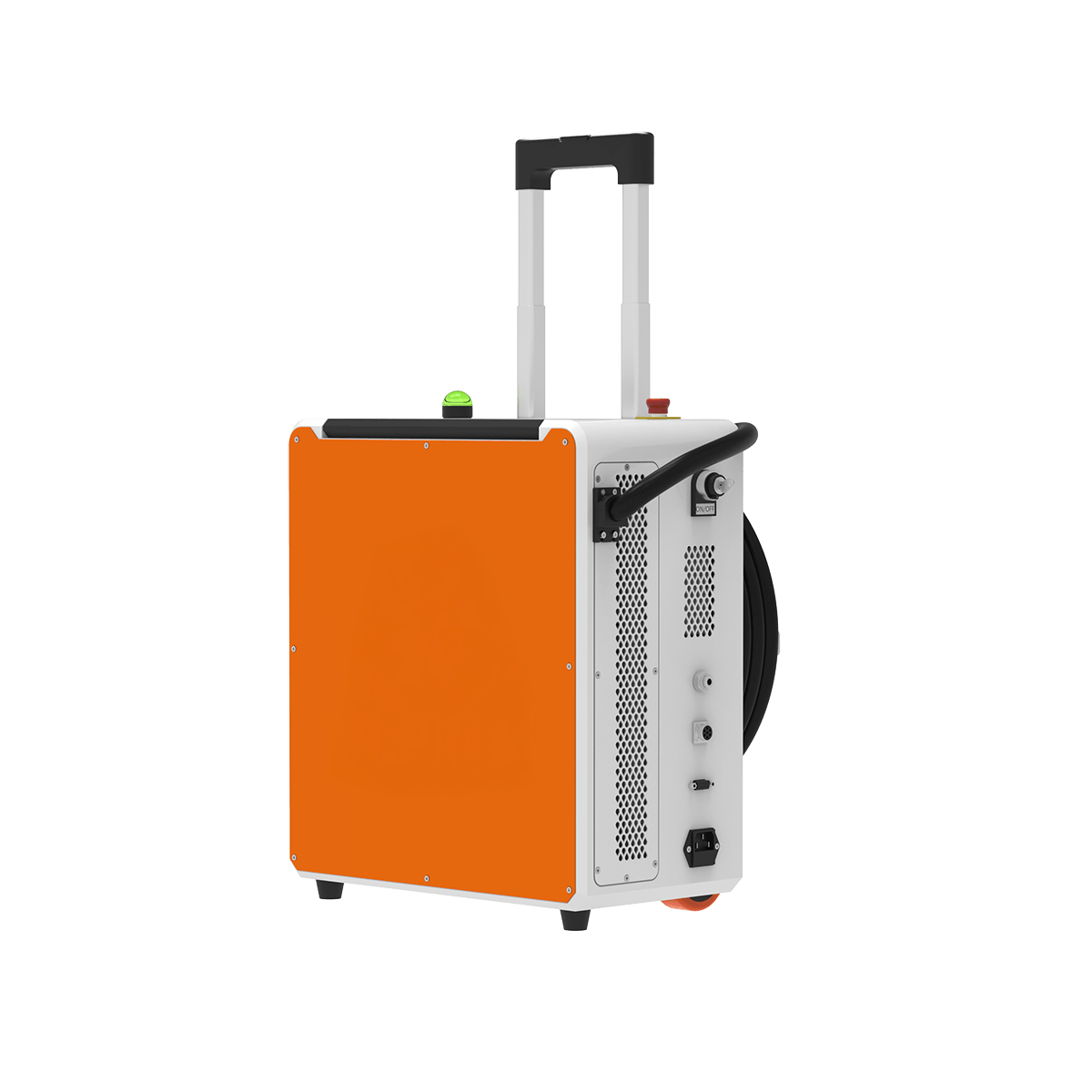 Décapeur laser pulsé 500W Alpina Laser en vue latérale avec poignée télescopique et enrouleur de câble