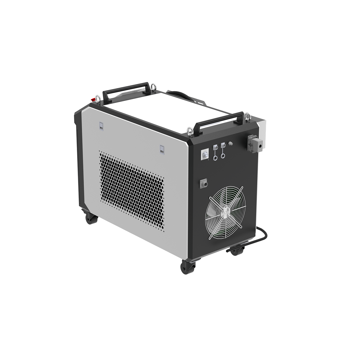 Décapeur laser pulsé refroidi par eau 1000W — vue trois quarts arrière droite, ventilation et fibre enroulée