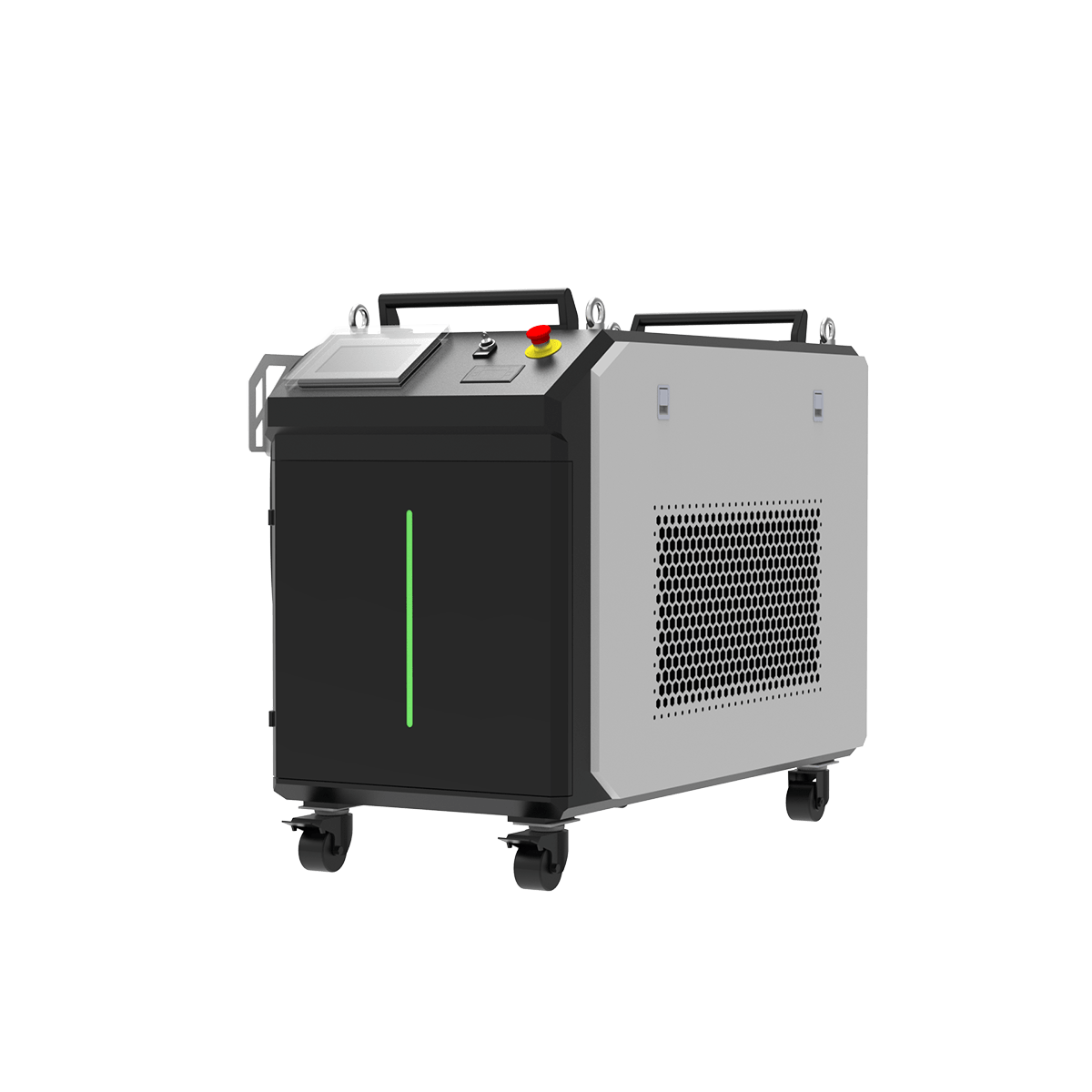 Décapeur laser pulsé refroidi par eau 1000W — vue trois quarts avant droite, écran de commande et grille de refroidissement