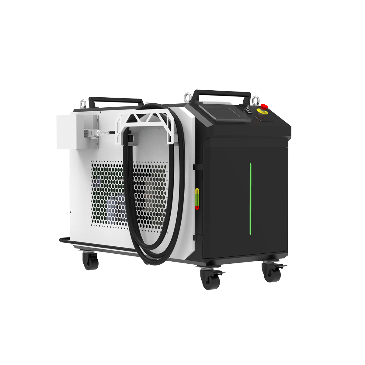 Décapeur laser pulsé refroidi par eau 1000W industriel — vue trois quarts avant gauche, sur roulettes