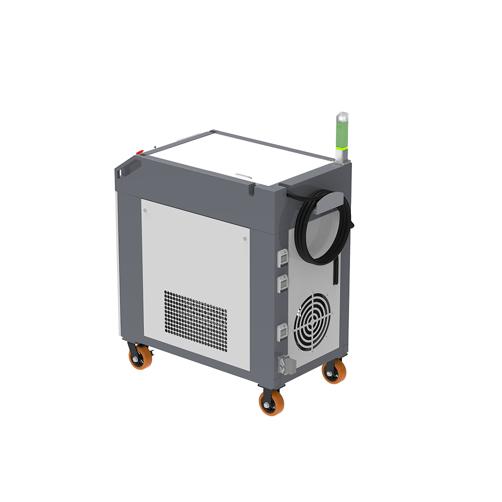 Décapeur laser pulsé refroidi par eau 500W — vue trois quarts arrière droite, ventilation et fibre enroulée