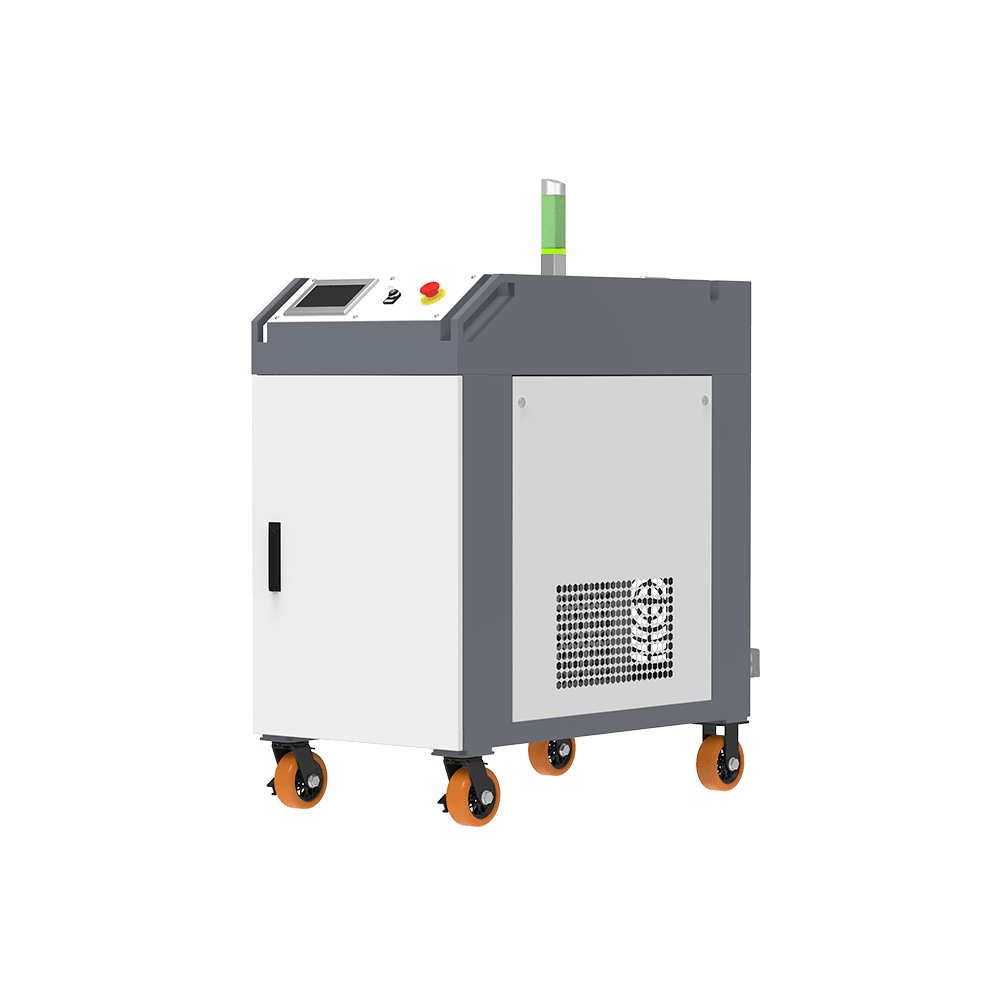 Décapeur laser pulsé refroidi par eau 500W — vue trois quarts avant droite, écran de commande et grille de refroidissement