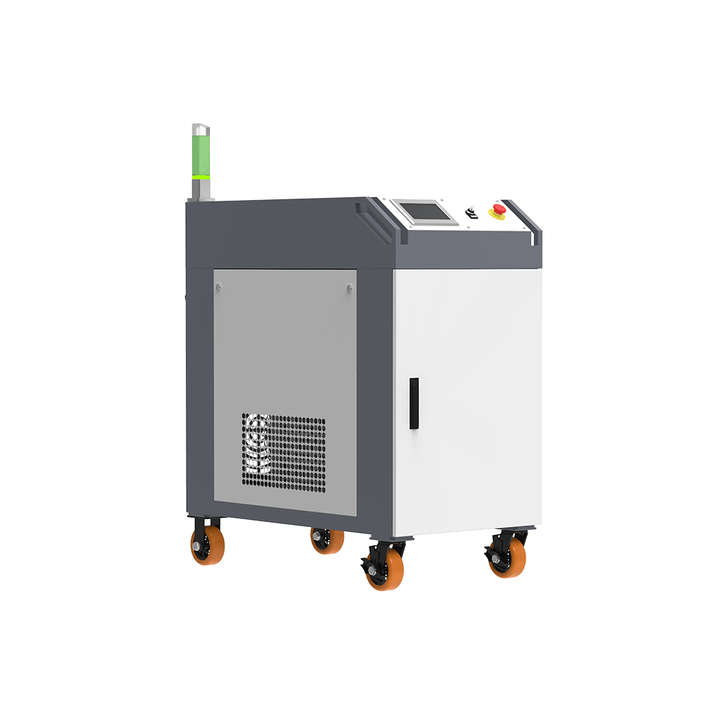 Décapeur laser pulsé refroidi par eau 500W industriel — vue trois quarts avant gauche, sur roulettes