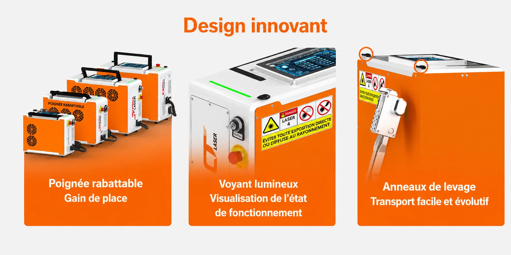 Design du nettoyeur laser portable : poignée rabattable, voyant lumineux d’état et anneaux de levage