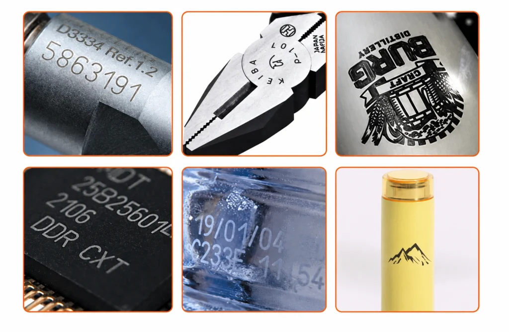 Exemples de marquage laser : logos, textes, codes-barres et QR codes sur métal, plastique et verre
