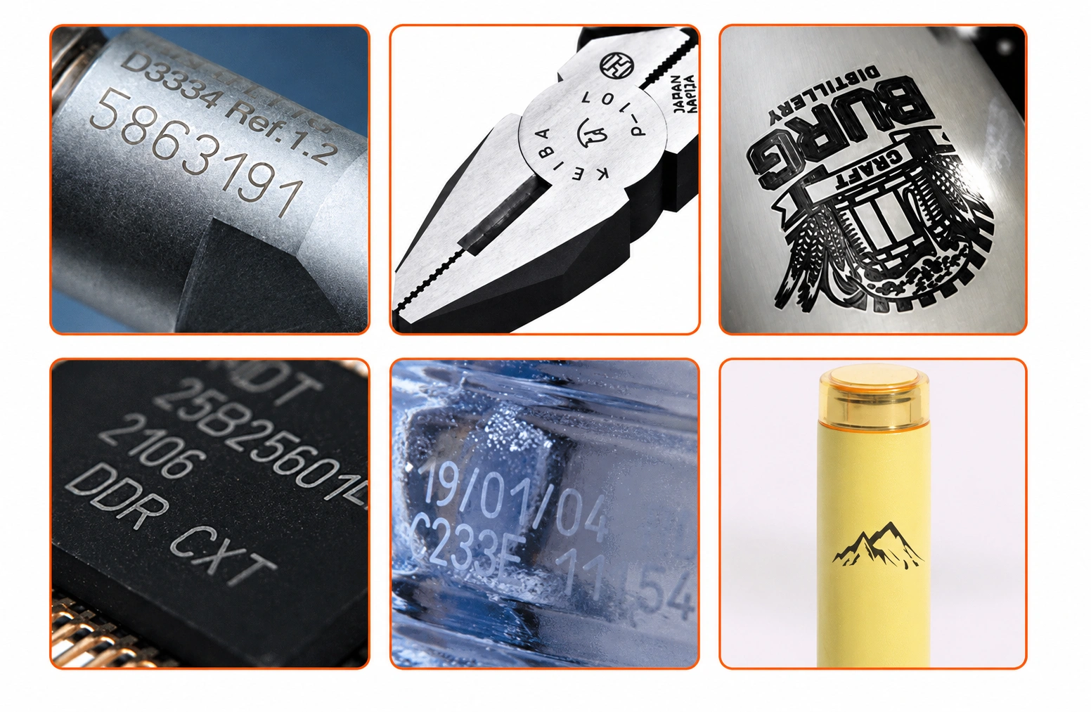 Exemples de marquage laser sur métal, plastique et verre : logos, textes, codes-barres et QR codes
