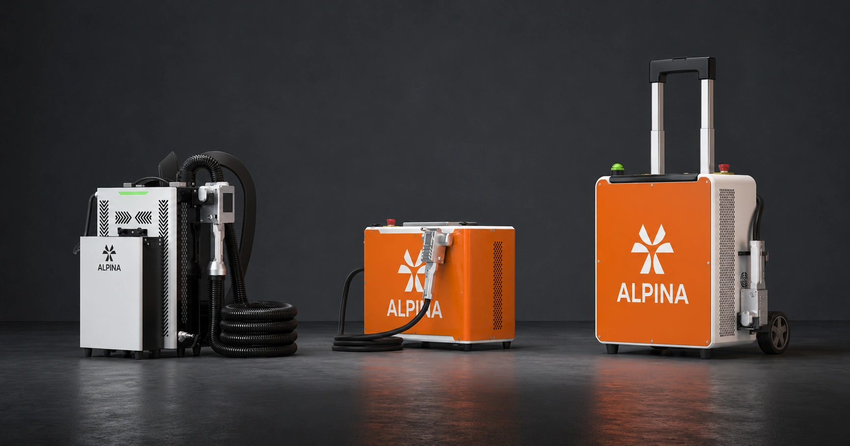 Les formats de nettoyeur laser portatif Alpina Laser : modèle porté 100 W, portatif d'atelier 100–300 W et valise 500 W côte à côte