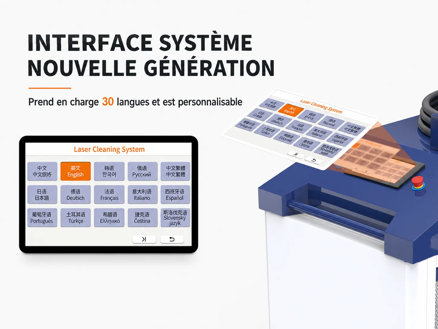 Interface multilingue du système de nettoyage laser