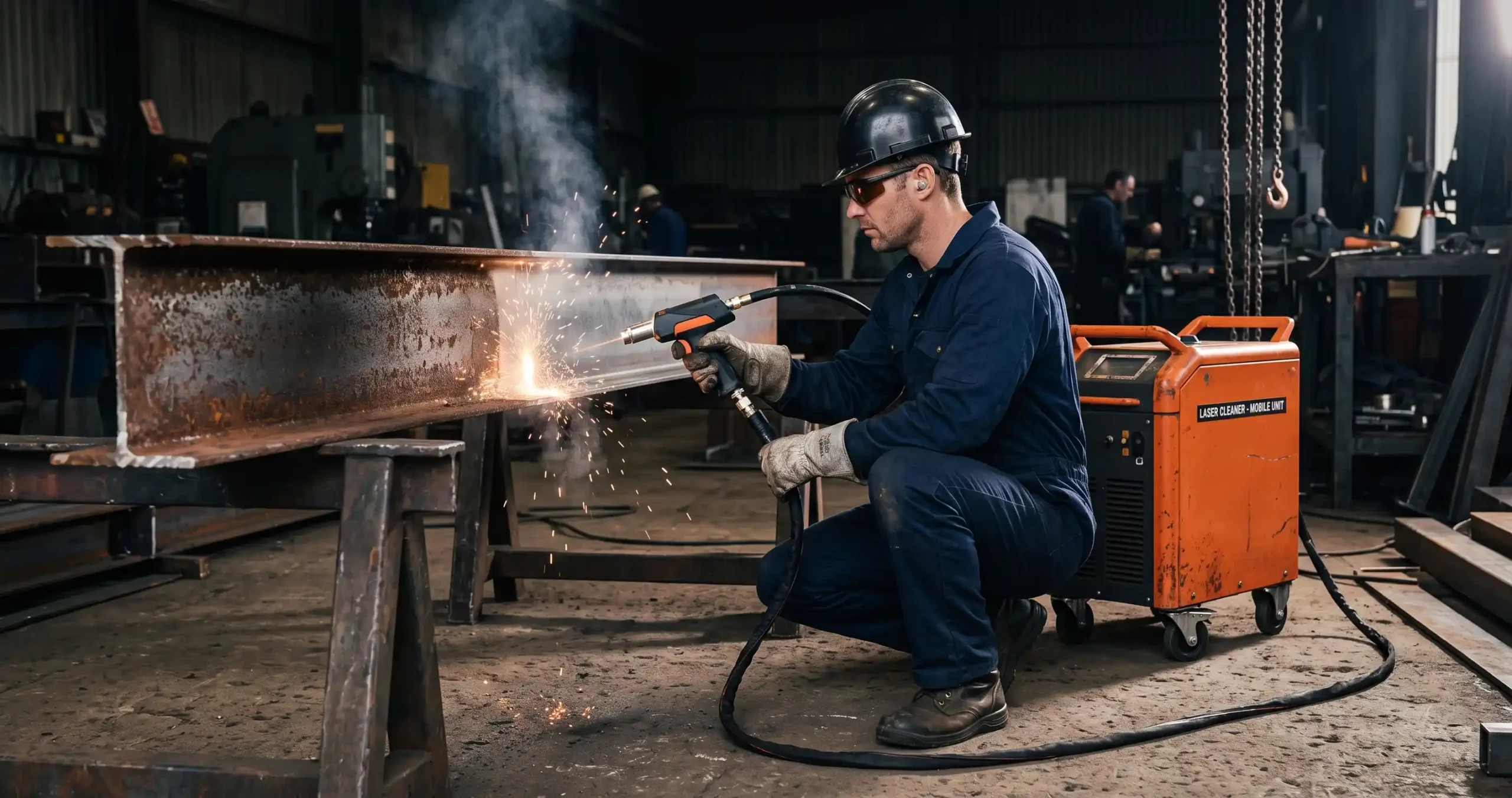 Location décapeur laser : un professionnel décape une pièce métallique rouillée au pistolet laser à fibre pulsée sur un chantier, machine mobile sur roulettes à côté