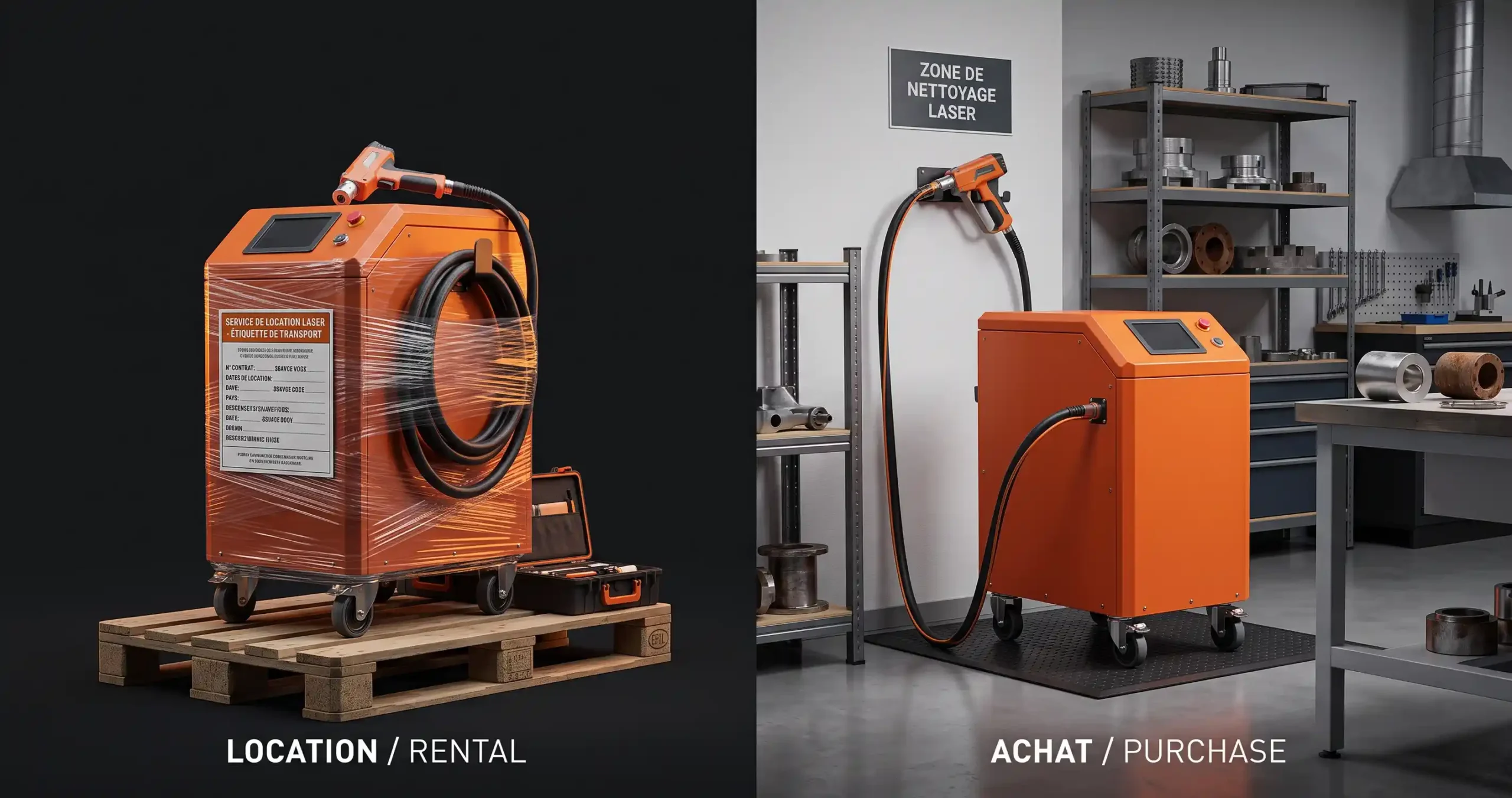 Louer ou acheter un décapeur laser : à gauche une machine de location sur roulettes, à droite la même machine dans un atelier équipé, symbolisant le choix