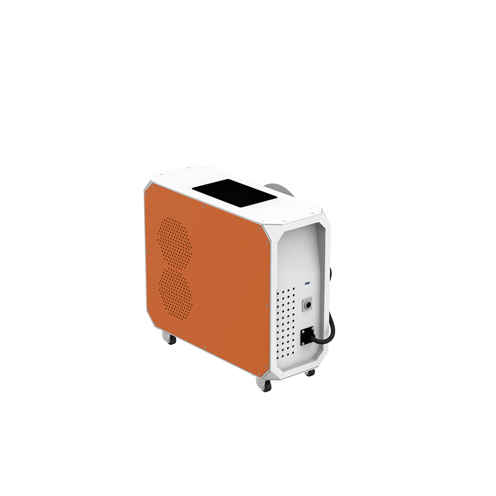 Machine laser pulsé 3-en-1 nettoyage marquage découpe — vue trois quarts arrière droite, ventilation
