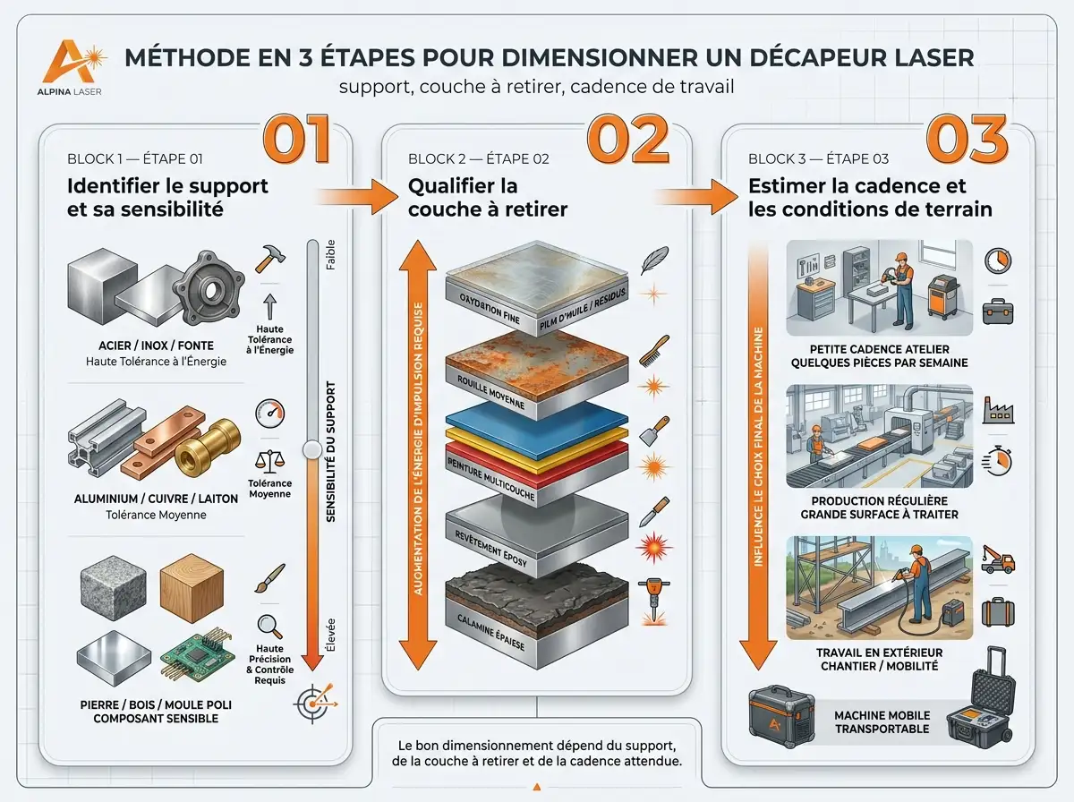 Méthode en 3 étapes pour dimensionner un décapeur laser : support, couche à retirer, cadence de travail