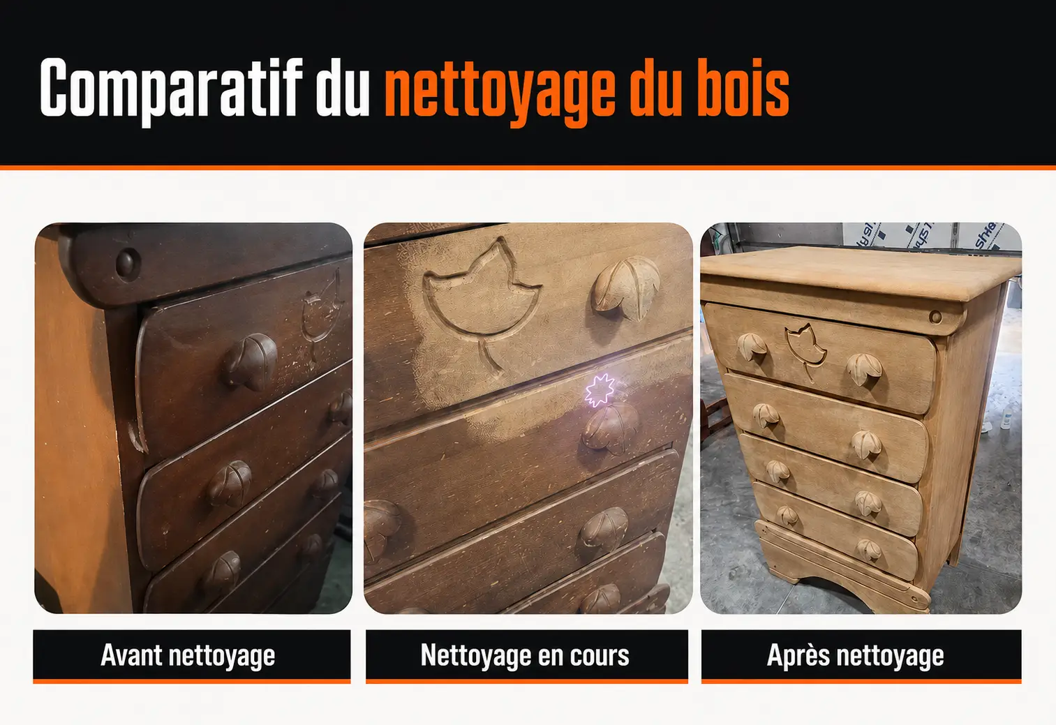 Décapage laser du bois — commode ancienne avant, pendant et après nettoyage au laser pulsé, sans ponçage