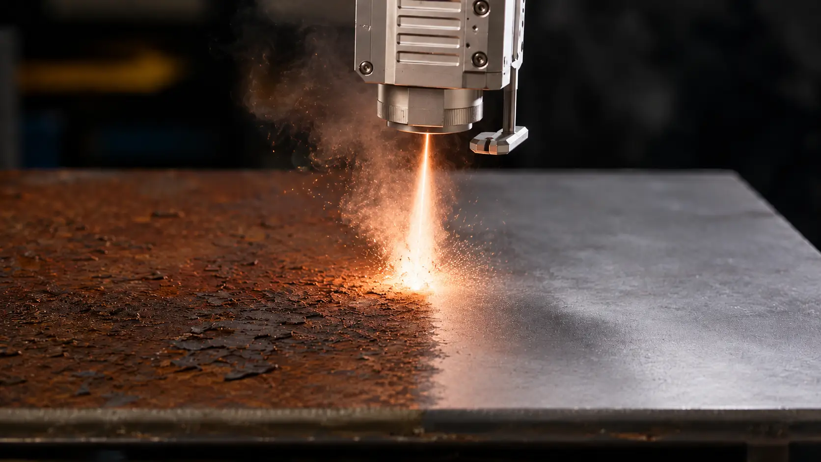 Nettoyage laser en action : un faisceau laser pulsé retire la rouille d'une pièce métallique en atelier