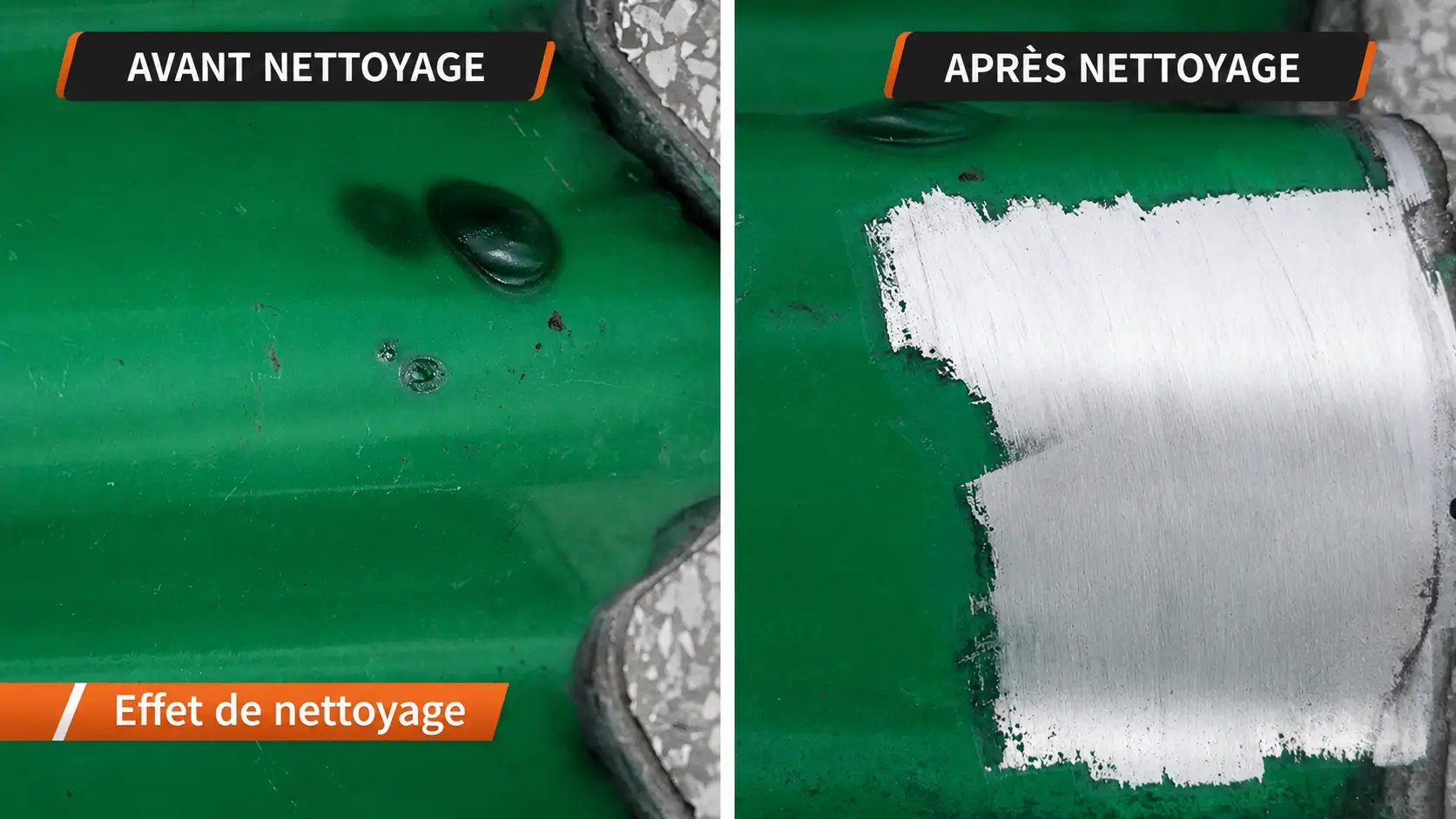 Décapage laser de peinture sur métal — avant/après : peinture verte retirée, métal mis à nu sans abrasif