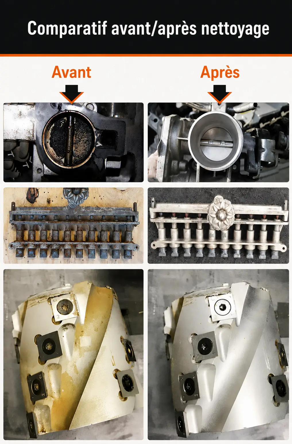 Nettoyage laser de pièces industrielles avant/après : corps de papillon moteur, moule et carénage dégraissés