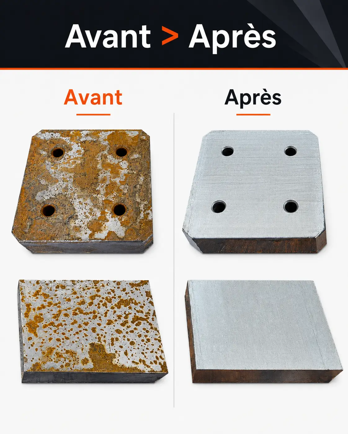 Avant/après : dérouillage de plaques métalliques au nettoyeur laser pulsé, métal remis à nu sans abrasif