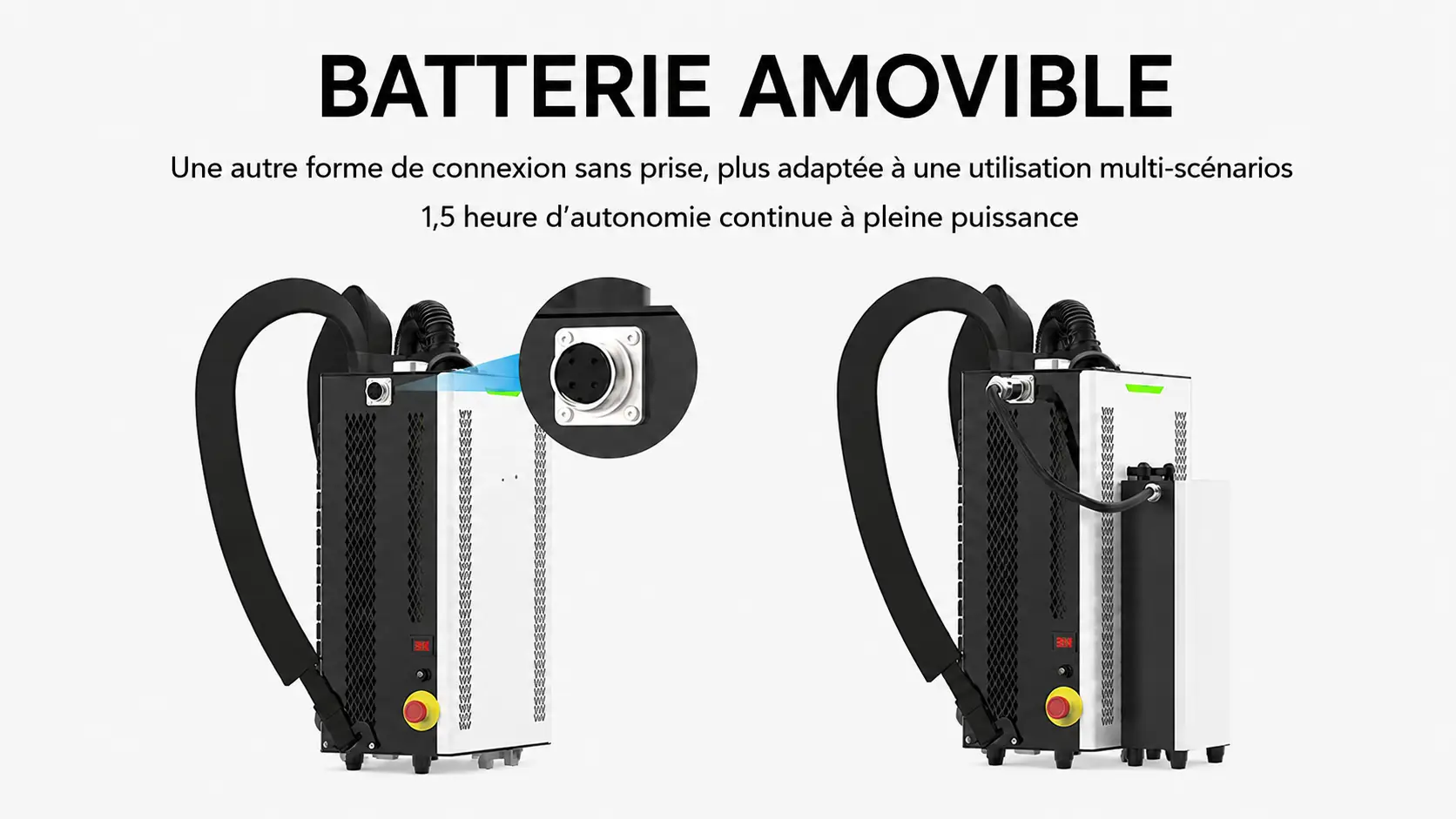 Nettoyeur laser portatif à batterie amovible — connexion sans prise, 1,5 h d'autonomie à pleine puissance