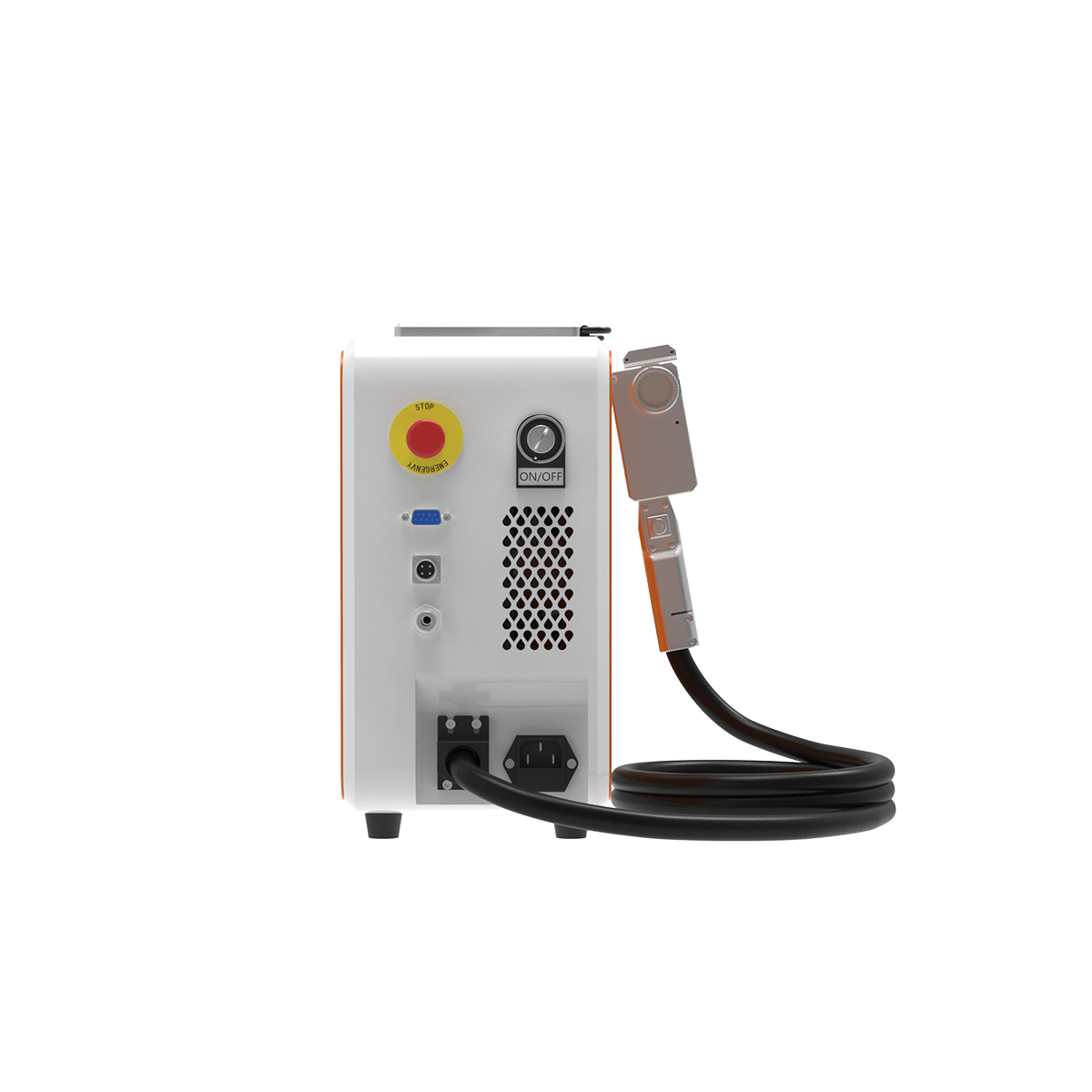 Nettoyeur laser pulsé 100W Alpina Laser en vue latérale avec panneau de commande, arrêt d’urgence et pistolet de nettoyage
