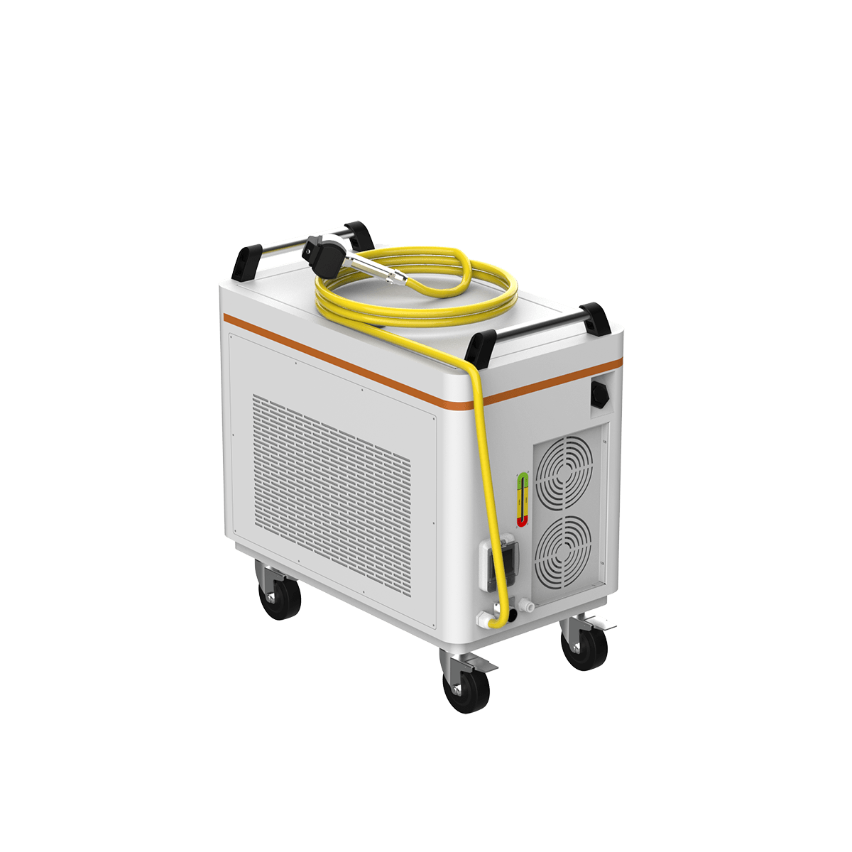 Nettoyeur laser pulsé refroidi par eau 300W — vue trois quarts arrière, châssis industriel sur roulettes