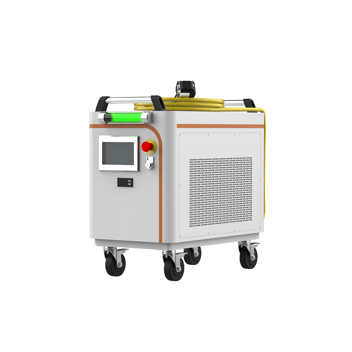 Nettoyeur laser pulsé refroidi par eau 300W — vue trois quarts avant droite, écran de commande et arrêt d'urgence
