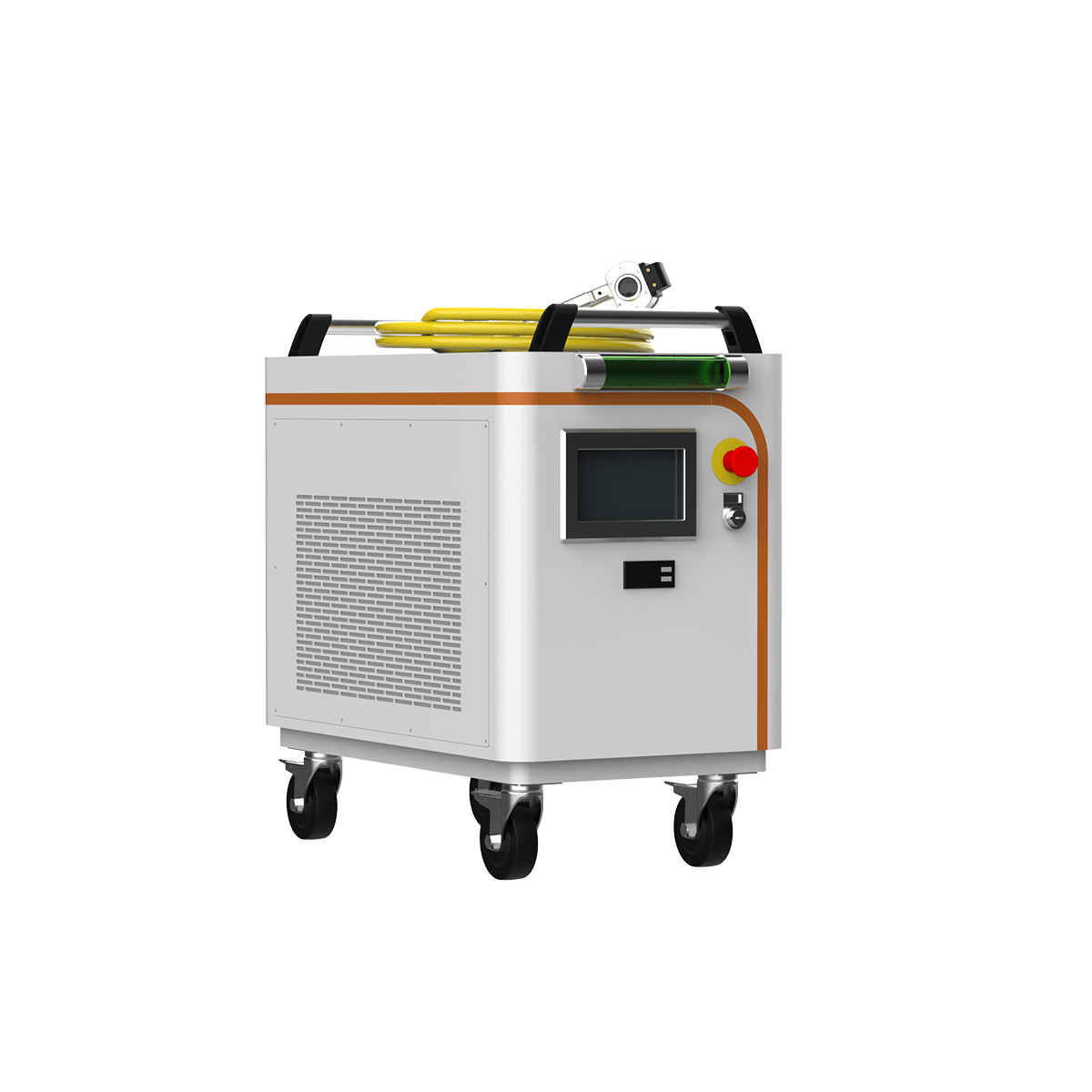 Nettoyeur laser pulsé refroidi par eau 300W industriel — vue trois quarts avant gauche, grille de refroidissement
