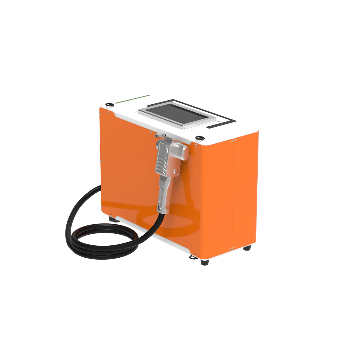 Nettoyeur laser pulsé 200W Alpina Laser vu de trois quarts avant avec écran tactile et pistolet de nettoyage