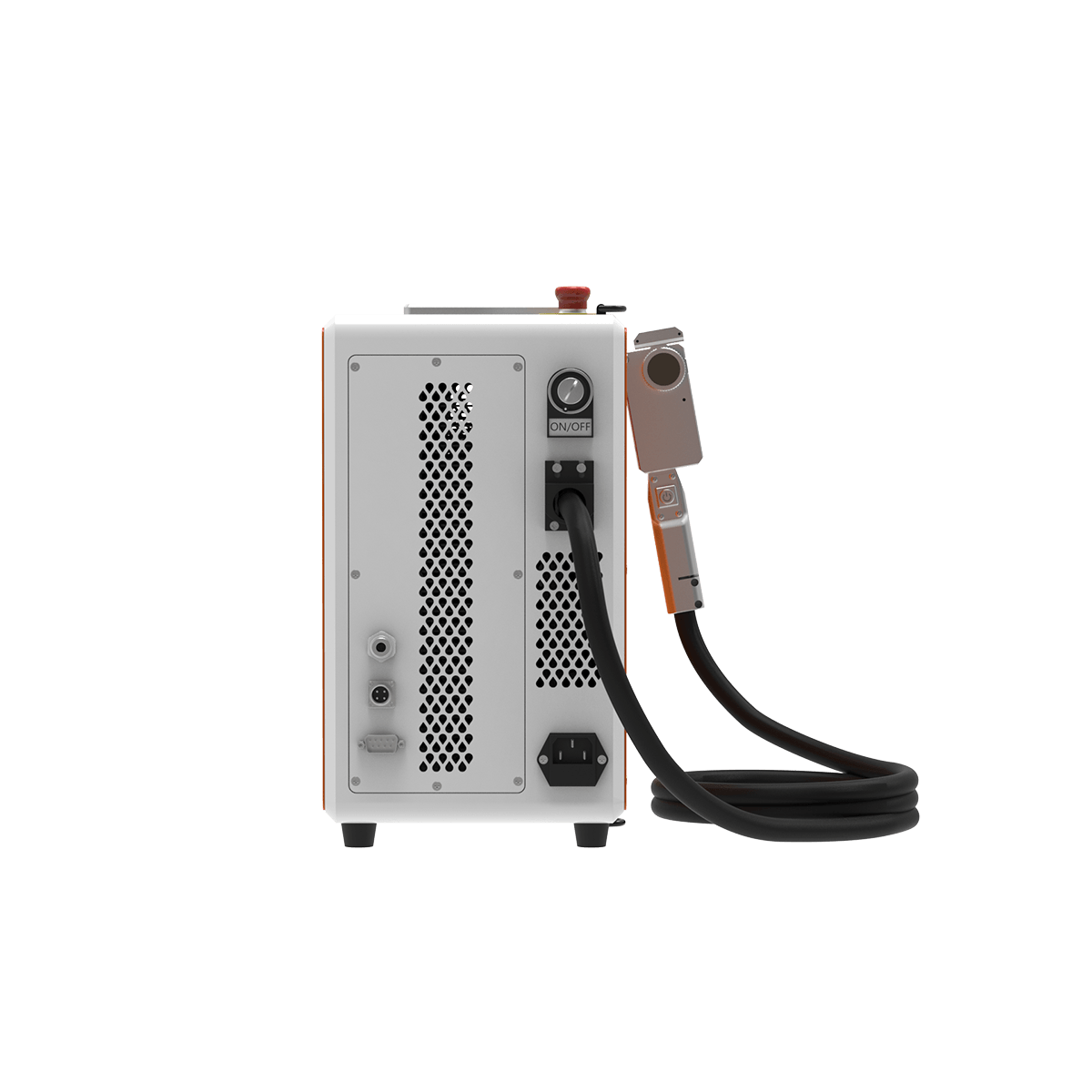 Nettoyeur laser pulsé 300W Alpina Laser vu de l’arrière avec le pistolet de nettoyage et sa fibre