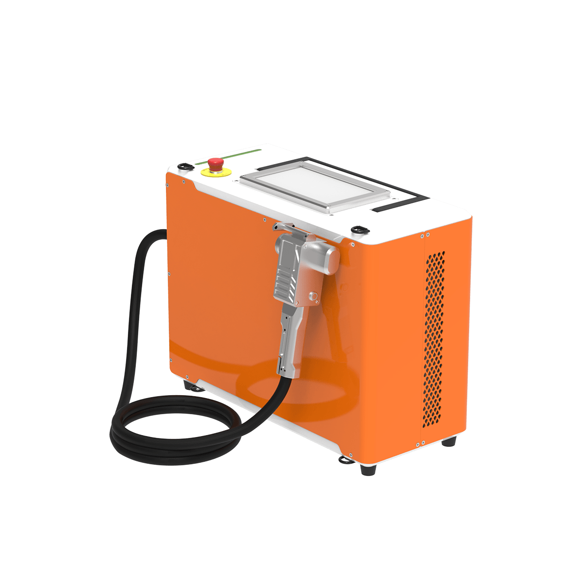 Nettoyeur laser pulsé 300W Alpina Laser vu de trois quarts avant avec écran tactile et poignée de transport