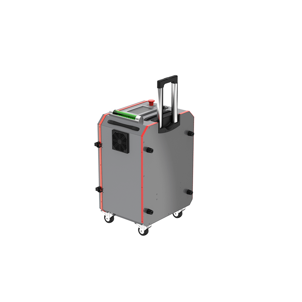 Nettoyeur laser pulsé en valise 200W — vue arrière, roulettes et rangement fibre