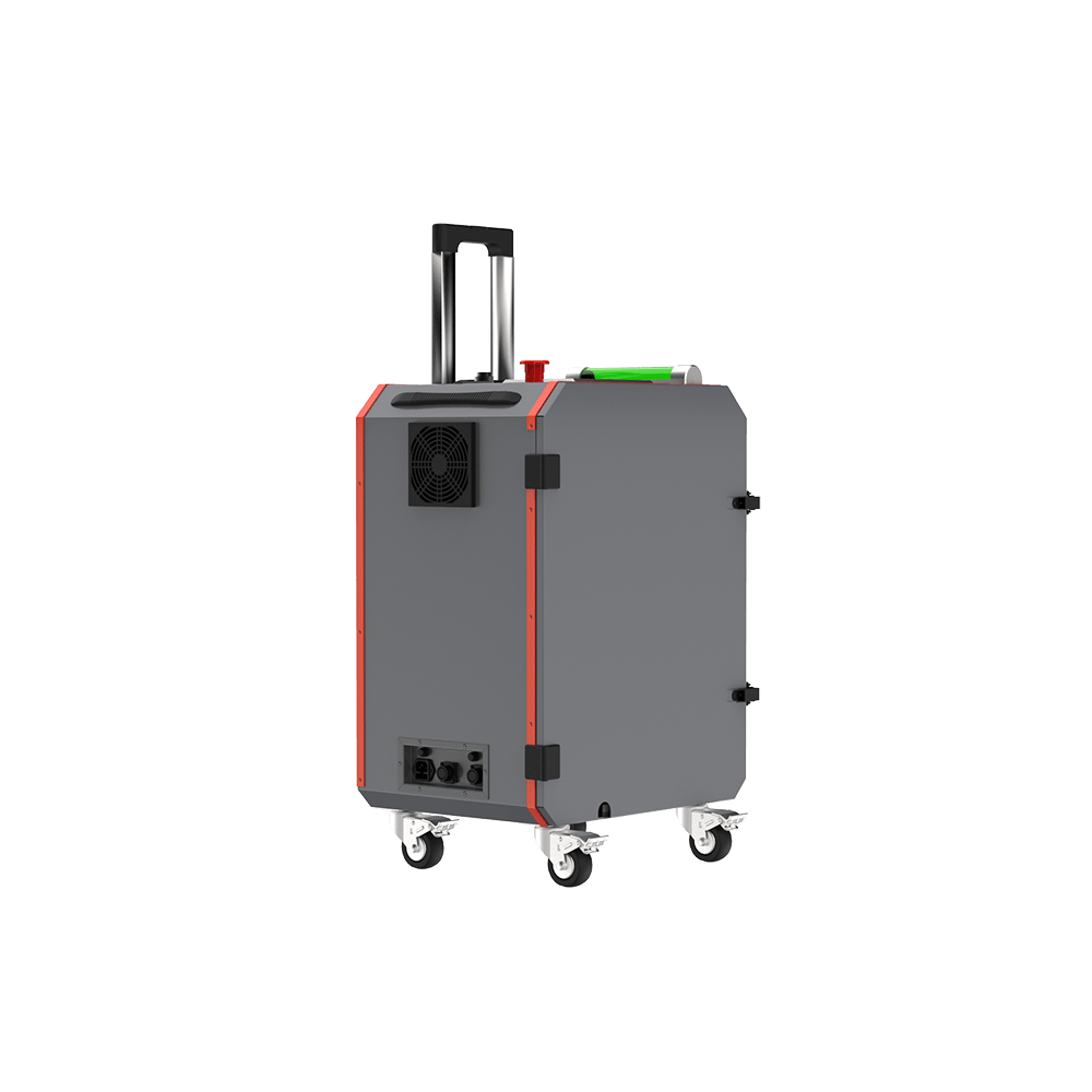 Nettoyeur laser pulsé valise 200W mobile — vue trois quarts avant gauche, arrêt d'urgence