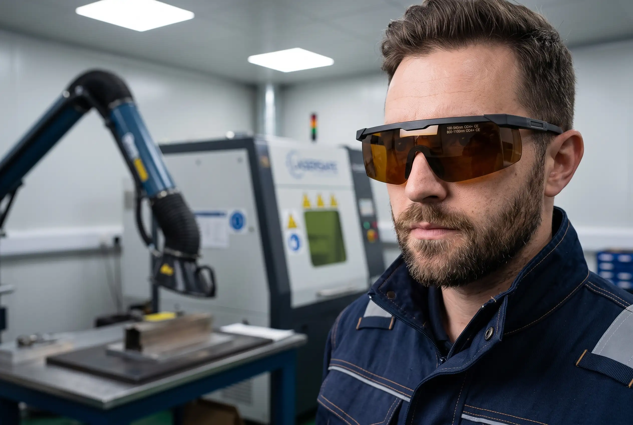 Opérateur équipé de lunettes de protection OD4+ pour l'utilisation d'un nettoyeur laser de classe 4