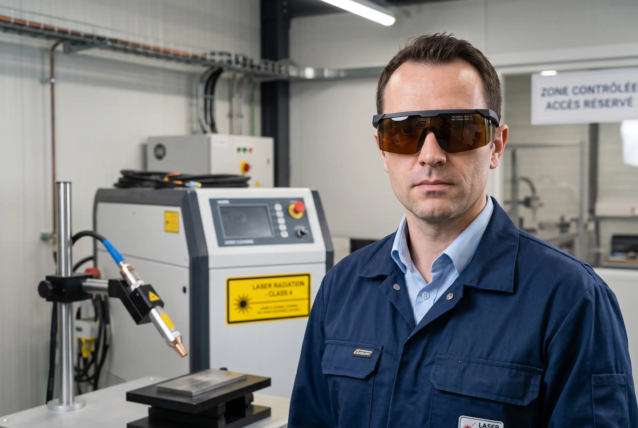 Opérateur portant des lunettes de protection OD4+ devant un nettoyeur laser de classe 4 en zone contrôlée