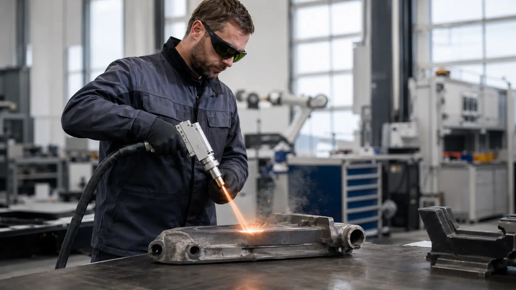 Opérateur utilisant un nettoyeur laser portatif en atelier, équipé de lunettes de protection laser