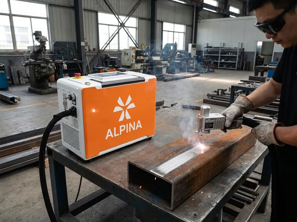 Opérateur réglant la puissance d'un nettoyeur laser pulsé sur une pièce en acier en atelier