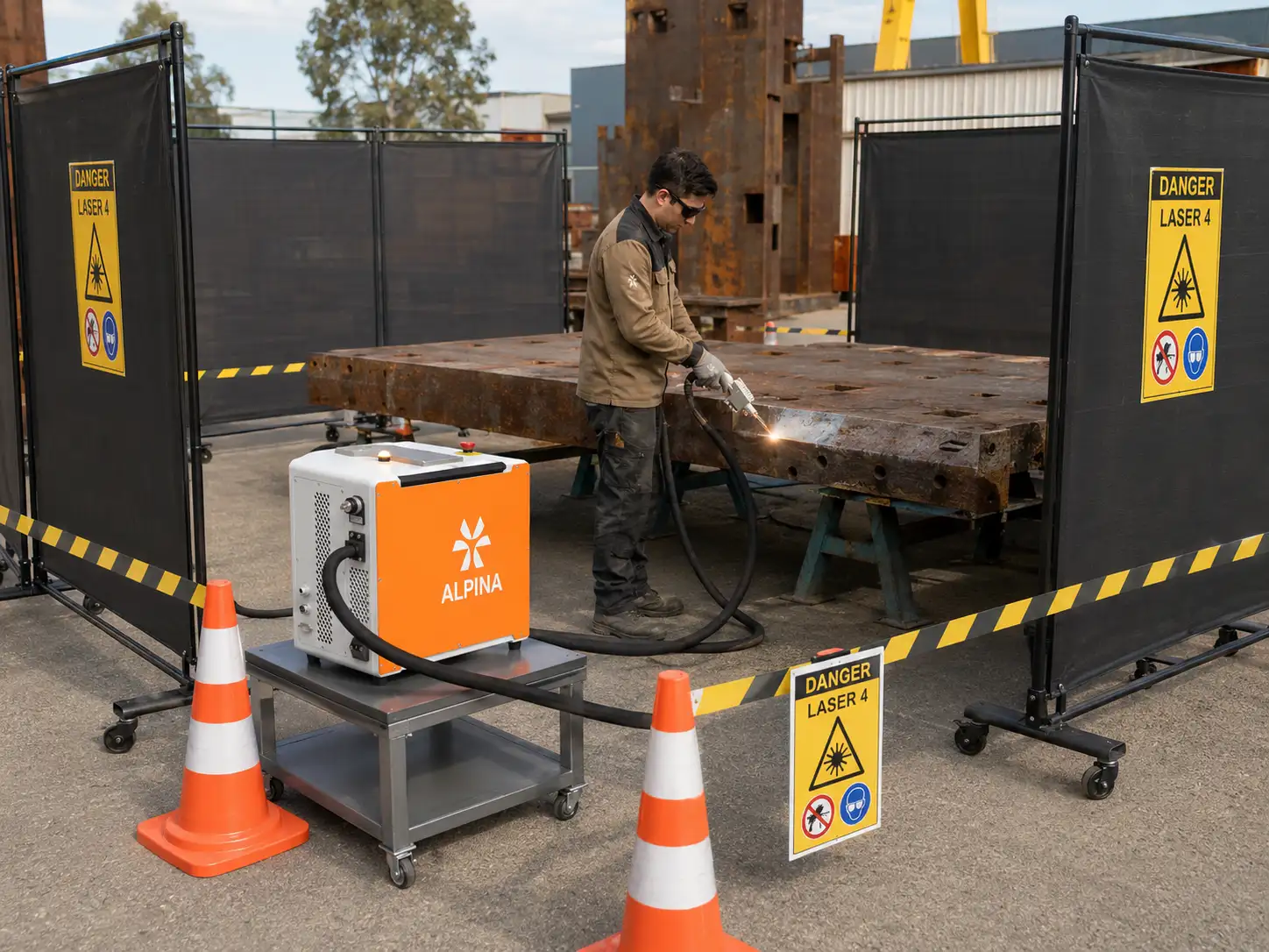 Périmètre de sécurité balisé avec écrans mobiles pour un décapage laser classe 4 sur chantier extérieur