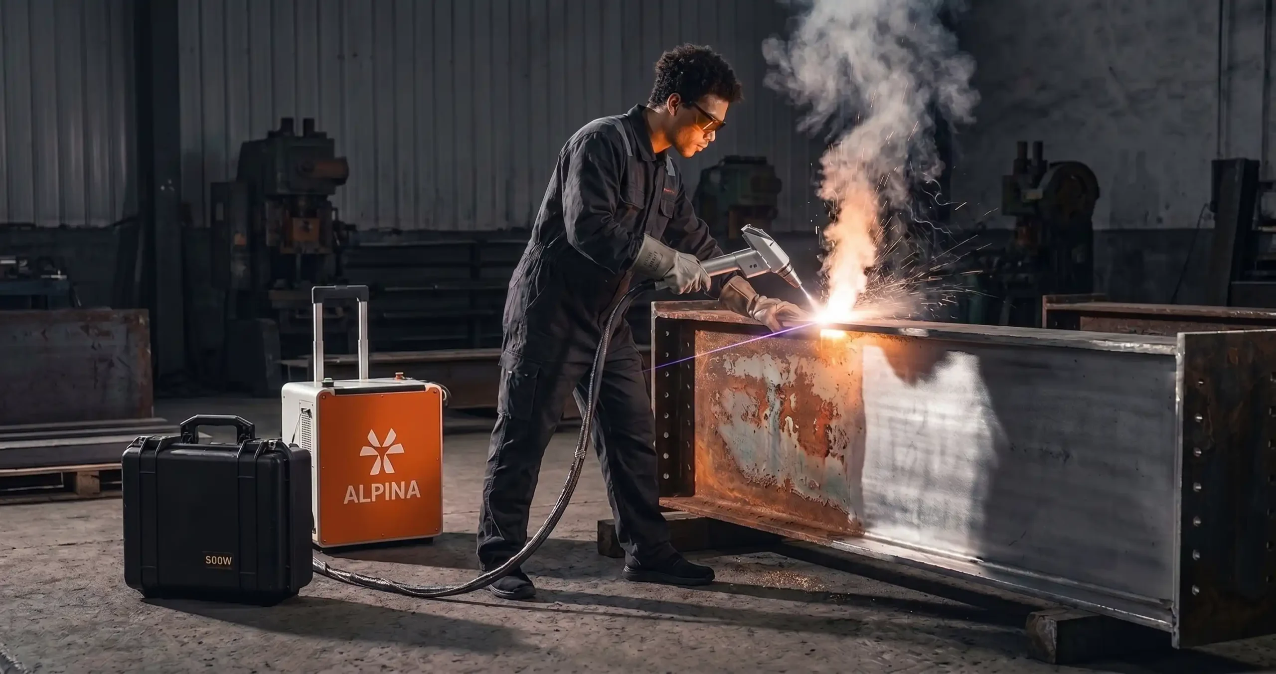 Nettoyeur laser portatif : un technicien décape une pièce métallique au pistolet laser à fibre pulsée, unité compacte orange et valise 500 W sur un chantier