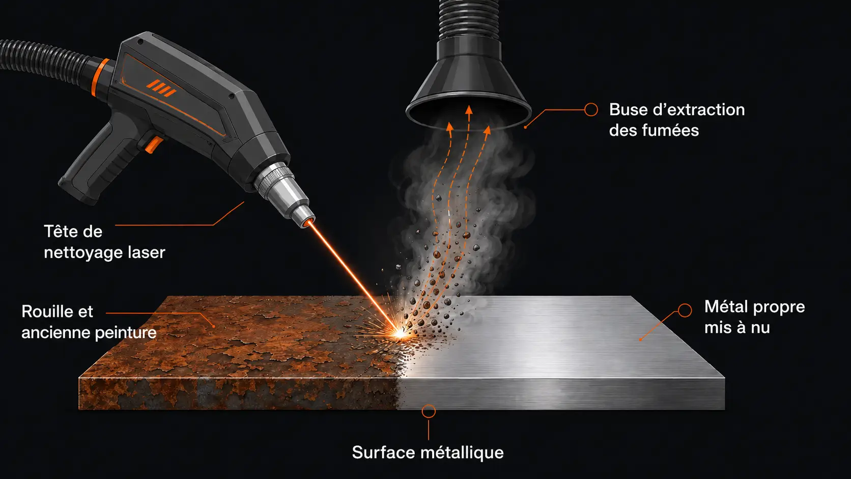 Schéma du fonctionnement du décapage laser : un faisceau laser pulsé retire par ablation une couche de rouille ou de peinture, les fumées sont aspirées et le métal support reste préservé