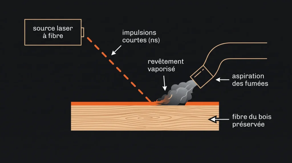 Schéma du décapage laser du bois : les impulsions du laser pulsé vaporisent la peinture ou le vernis couche par couche tandis que la fibre du bois reste préservée